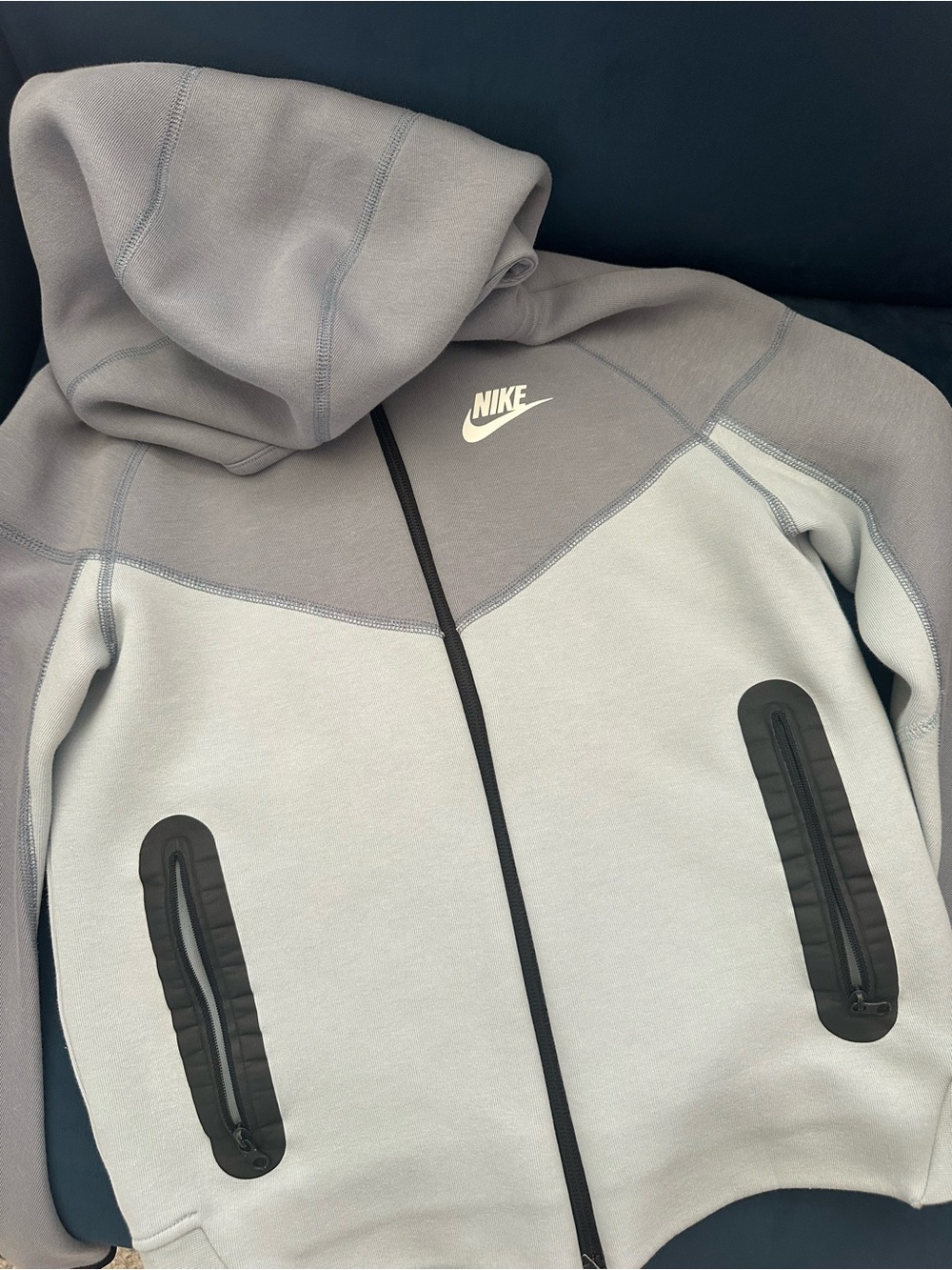 Nike Gray Two-Tone Hooded Zip Tech Jacket with White Logo